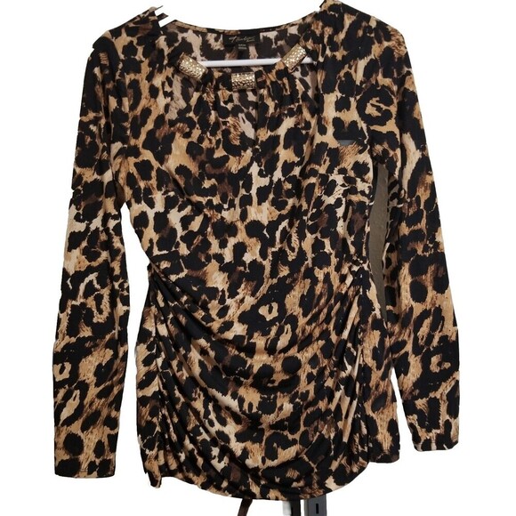 Thalia Sodi Leopard Blouse Womens Small Gold Long Sleeve Rouched - Picture 1 of 2